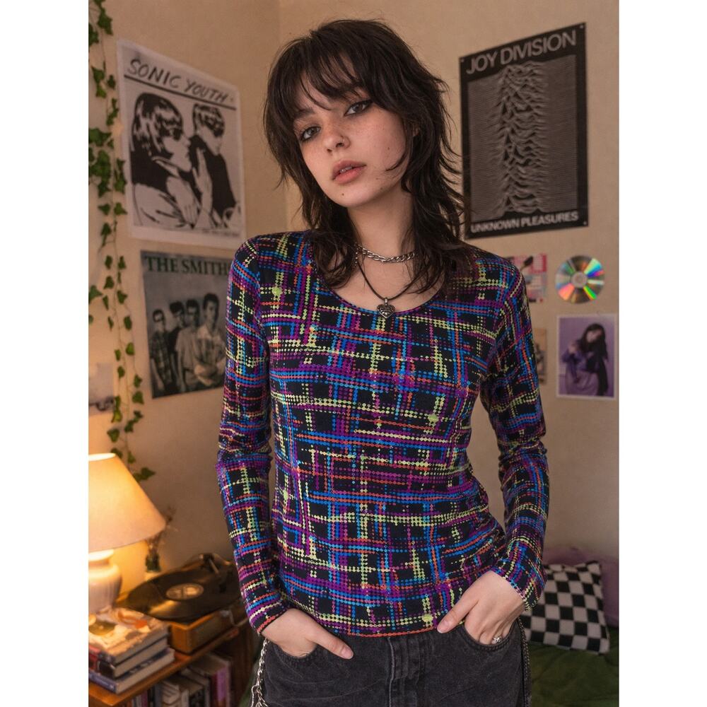 Lynn Ritchie Silk Blend Long Sleeve Top S Colorful Abstract Grid Y2K Stretch - Picture 2 of 6